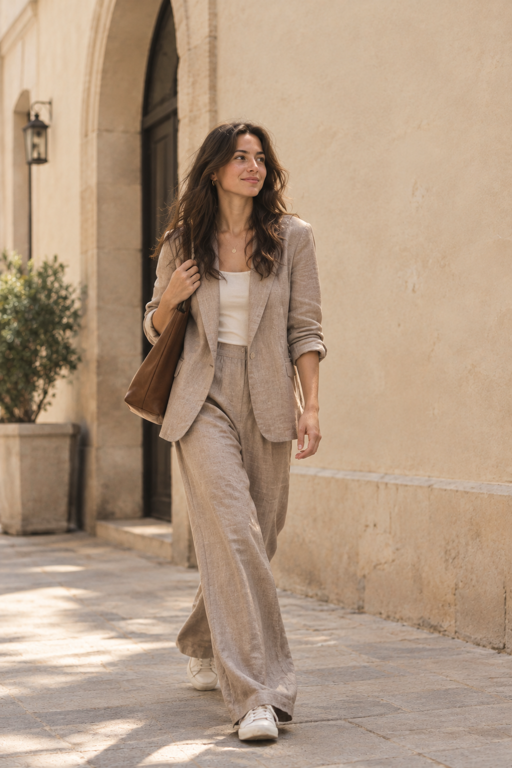 Woman in a relaxed beige blazer and trouser set